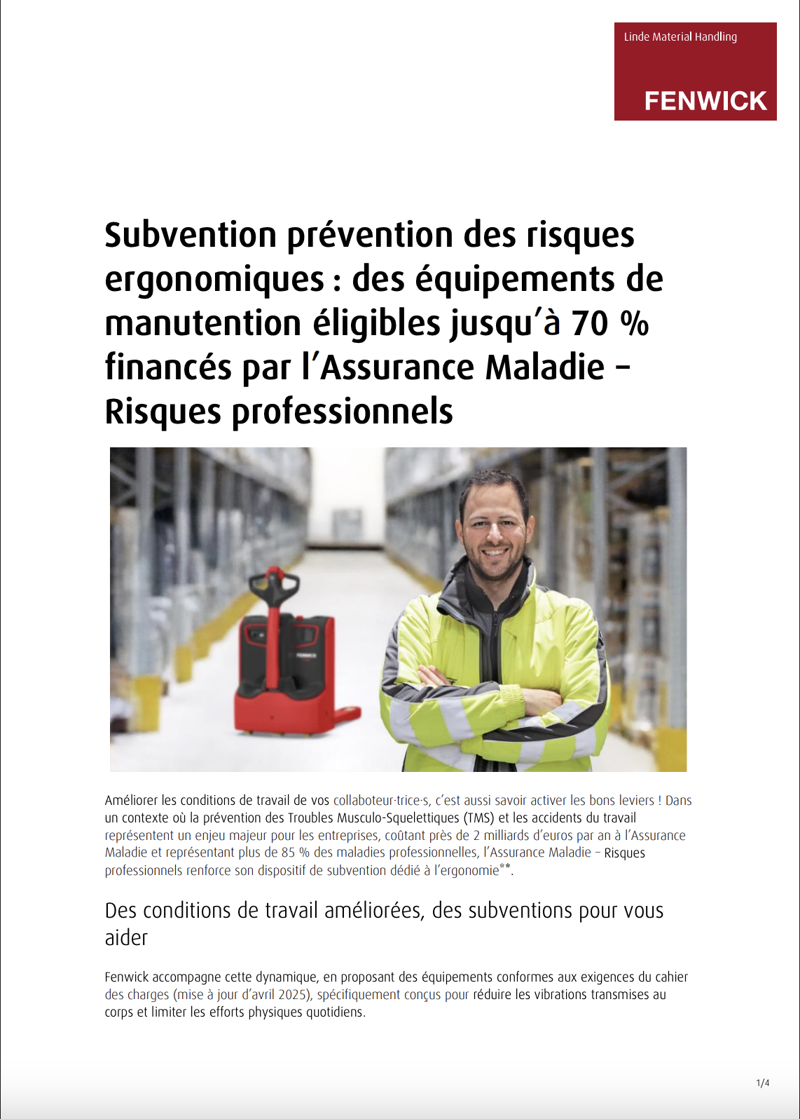 Aperçu de Subvention prévention des risques ergonomiques : des équipements de manutention éligibles jusqu’à 70 % financés par l’Assurance Maladie – Risques professionnels